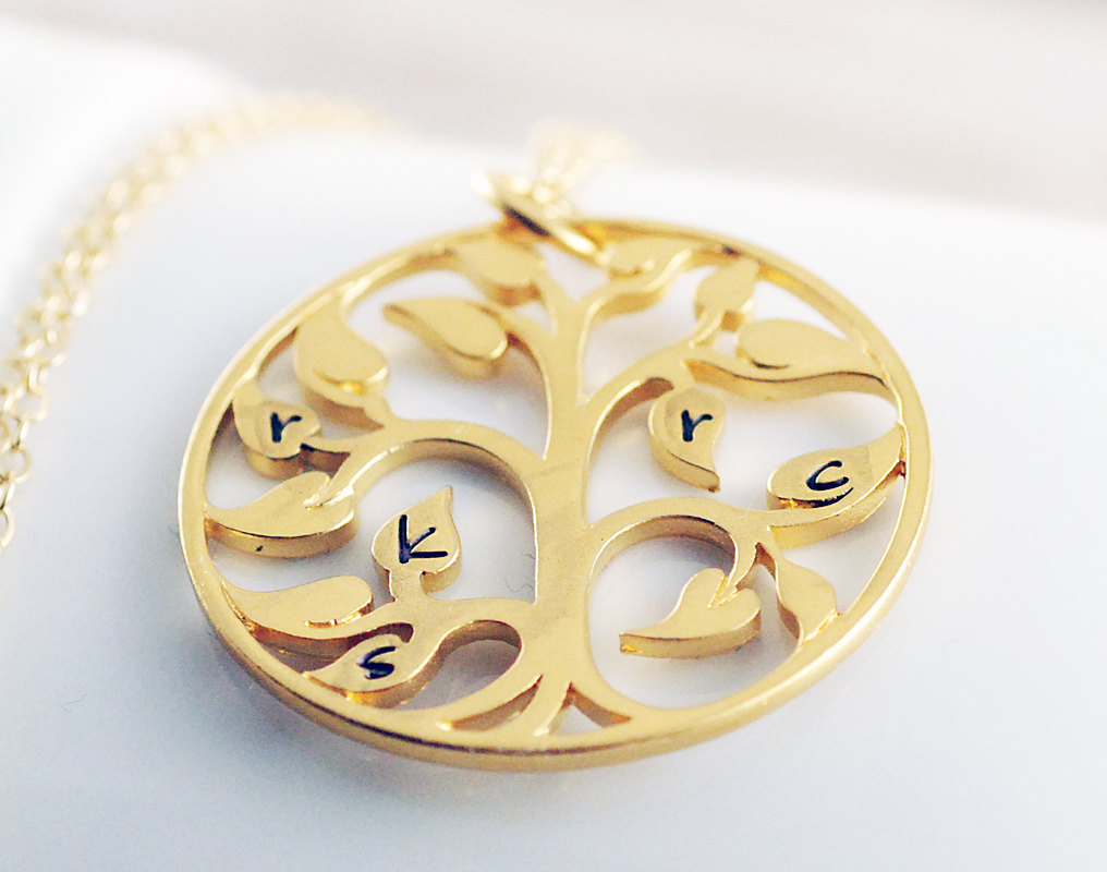 Gold Initial Family Tree Necklace, Personalized Hand Stamped Family Tree Necklace, Mommy Necklace