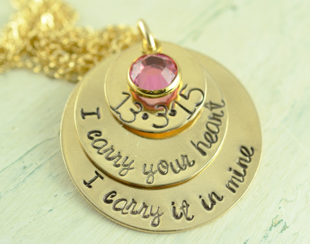 Hand Stamped Mommy Necklace,i Carry Your Heart, Personalized Jewelry, Birthstone Necklace