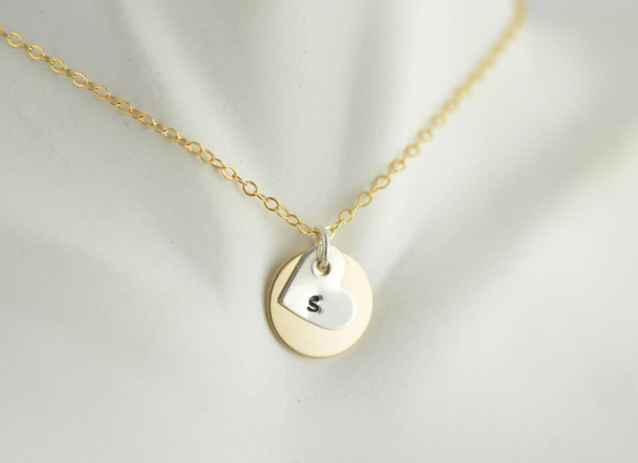 14kt Gold Disc Necklace, Initial Jewlery, Personalized Necklace,handstamped Jewelry, Sterling Silver Initial Heart Charm