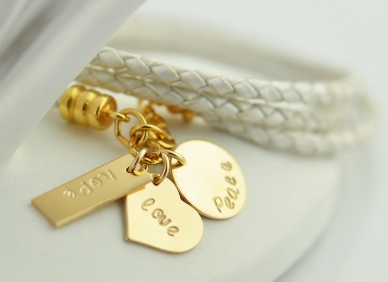 Hand Stamped Bracelet, ,leather Wrap Bracelet, Friendship Bracelet ,personalized Jewelry, Heart Bracelet