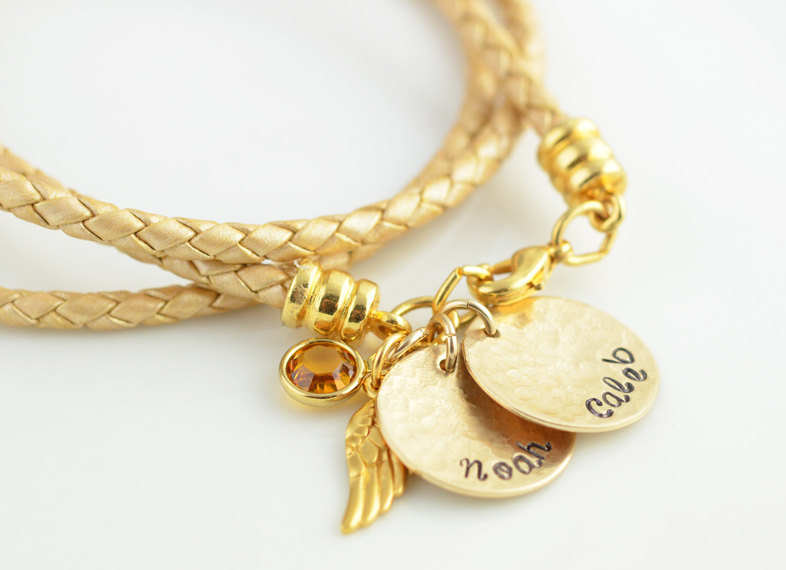 Personalized Bracelet,14 K Gold Name Discs, Leather Wrap Bracelet, Birthstone Bracelet, Mommy Jewelry