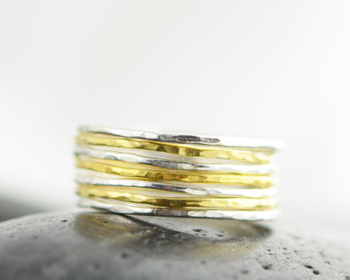 Stacking Rings,eternity Band Ring, Sterling Silver Ring, Mixed Metal, Gold Rings, Thin Hammered Stacking Rings
