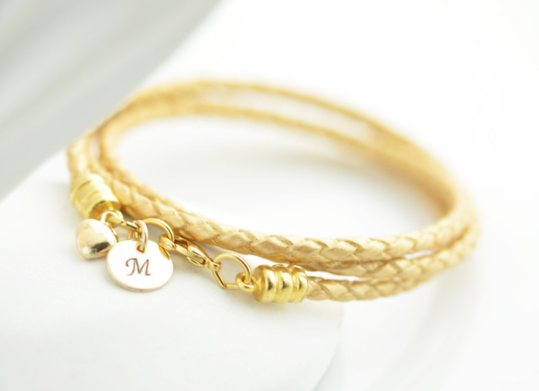 Personalized Bracelet,personalized Jewelry,bridal Jewelry, Hand Stamped Initial, Leather Bracelet,14k Gold Initial Disc, Heart Charm