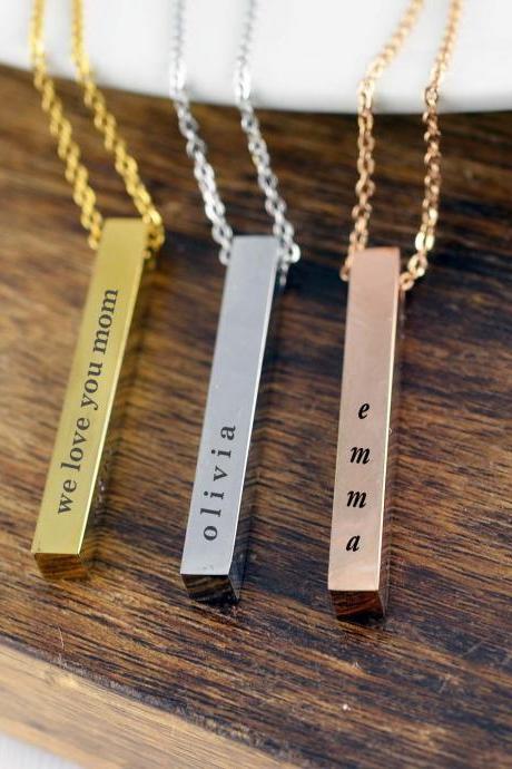 Bar Necklace, 4 sided Bar Necklace, Personalized Bar Necklace, Mothers Necklace, Engraved Necklace, Gift for Mother, Mothers Day Jewelry