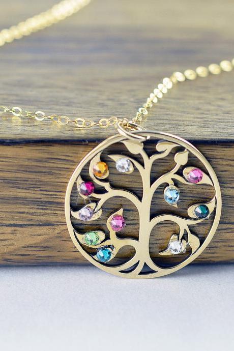 Gold Family Tree Necklace - Mother's Necklace - Birthstone Necklace - Birthstone Jewelry - Grandmother Necklace - Mothers Day Gift