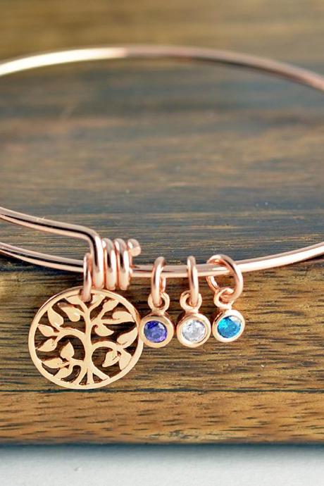 Rose Gold Family Tree Bracelet - Mother's Birthstone Bracelet - Tree of Life Bracelet - Family Tree Jewelry - Grandmother Gift, Gift for Mom