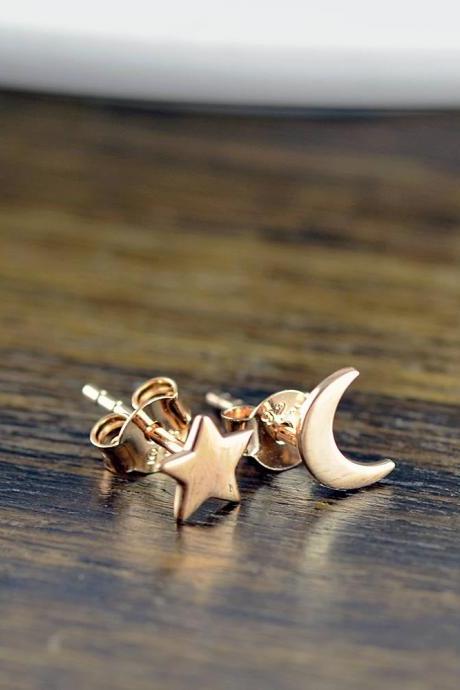 rose gold stud earrings - star and moon earrings - stud earrings - celestial star and moon earrings - tiny stud earrings - cute earrings
