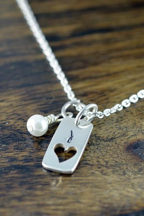Silver Tag Necklace - Heart Necklace- Heart Charm Necklace - Personalized Gift - Hand Stamped Necklace - Valentines Day Gift - Gift for Wife