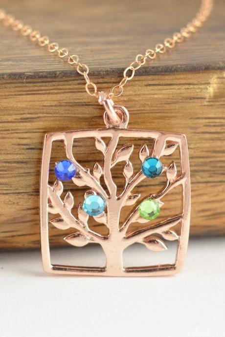 Rose Gold Family Tree Necklace - Mother's Necklace - Birthstone Necklace - Birthstone Jewelry - Grandmother Necklace - Mothers Day Gift