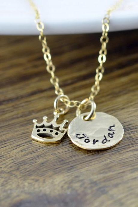 Crown Necklace, Royal Crown Charm, Personalized, Name Necklace, Stamped Name, Monogram Name, Gold Crown Necklace, Hand Stamped Necklace