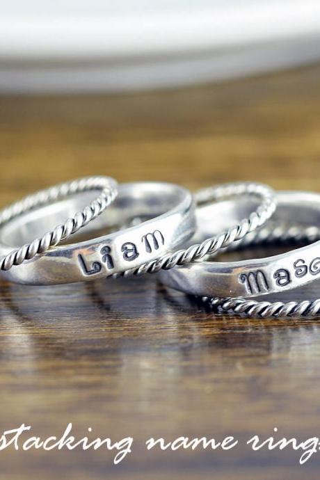 Rings With Names Sterling Silver, Stacking Rings, Hand Stamped Ring, Personalized Ring, Mothers Ring, Mothers Jewelry, Silver Rings