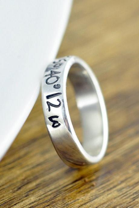 Coordinate Ring, GPS Coordinates Gift, Latitude Longitude Ring, Custom Coordinates, Hand Stamped Ring, Sterling Silver Ring