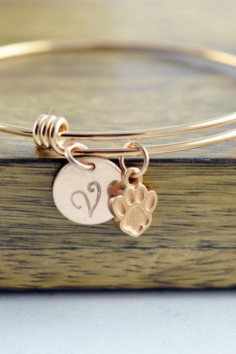Dog Paw Bracelet, Dog Paw Jewelry, Dog Mom Gift, Personalized Initial Bracelet, Personalized Rose Gold Bracelet, Dog Paw Charm, Gift for Her
