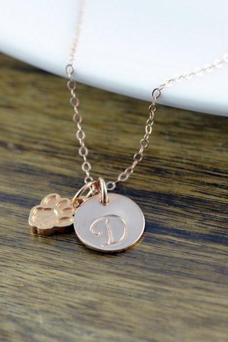 Dog Paw Necklace, Dog Paw Jewelry, Dog Mom Gift, Personalized Initial Necklace, Personalized Rose Gold Necklace, Dog Paw Charm, Gift for Her