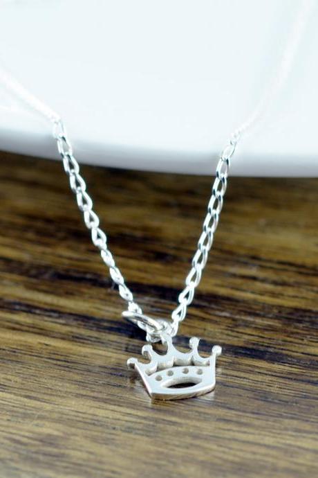 Princess Crown Necklace, Initial Silver Crown Necklace, Silver Initial Necklace, Crown Charm Necklace