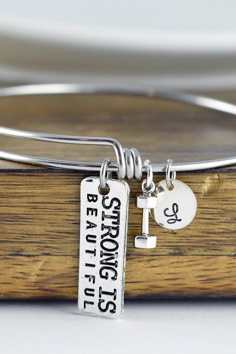 Personalized Fitness Bracelet, Strong Is Beautiful Bangle Bracelet, Motivational Jewelry, Crossfit Lover, Fitness Gifts, Fitness Jewelry