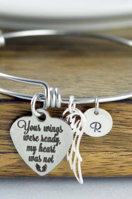 Your wings were ready but my heart was not - personalized bangle bracelet - remembrance jewelry - remembrance bracelet - memorial gift