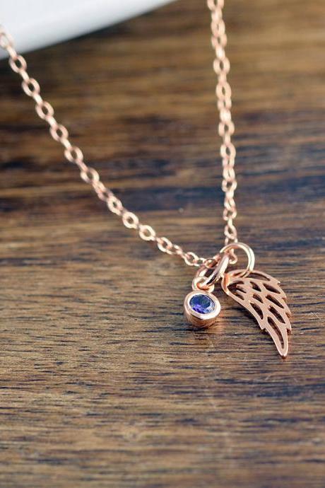 Rose Gold Wing Necklace, Angel Wing Charm Necklace, Birthstone Necklace, Memorial Jewelry, Wing Necklace, Remembrance Gifts