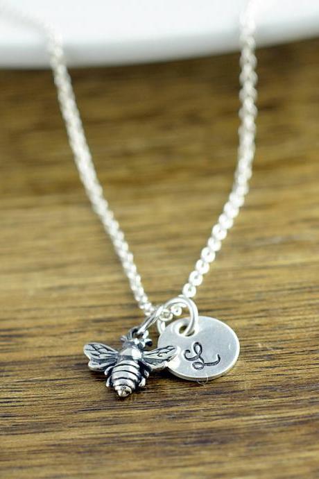 Initial Necklace Sterling Silver, Initial Bee Necklace, Bumblebee Pendant, Insect Jewelry, Bridesmaid Gift, Best Friends Gift