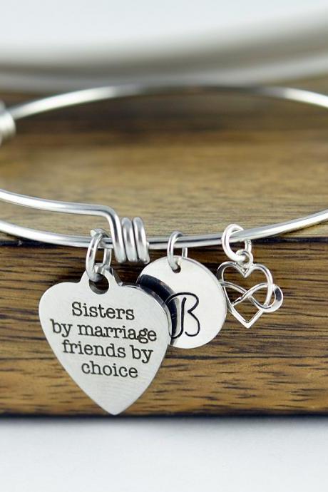 Sisters by Marriage Friends by Choice, Sister in Law Wedding Gift, Personalized Bangle - Sister in Law Gift, Charm Bracelet
