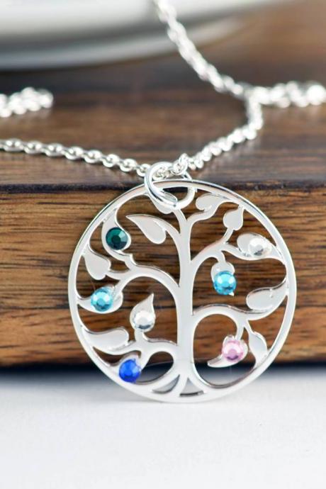 Silver Family Tree Necklace - Mother&amp;#039;s Necklace - Birthstone Necklace - Birthstone Jewelry - Grandmother Necklace - Mothers Day Gift