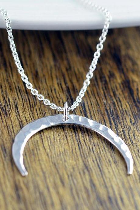 Large Sterling Silver Hammered Crescent Moon, Boho Jewelry, Boho Necklace, Moon Necklace, Crescent Moon Necklace, Moon Pendant, Gift for Her