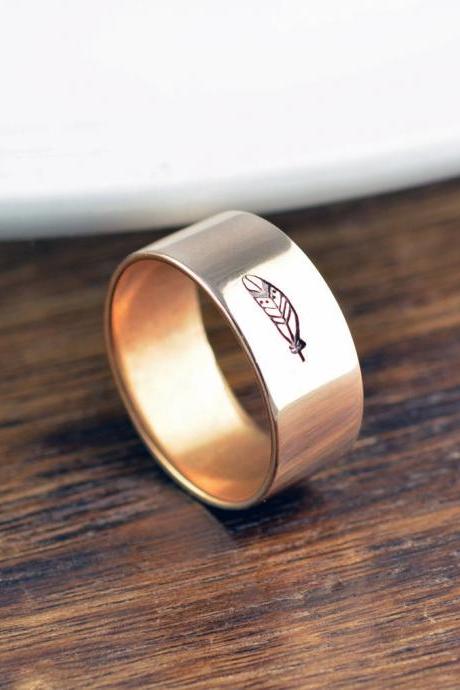Feather Ring, Hand Stamped Ring, Personalized Ring, Boho Jewelry, Boho Rings for Women, Brass Ring, Women Gifts, Gift for Her