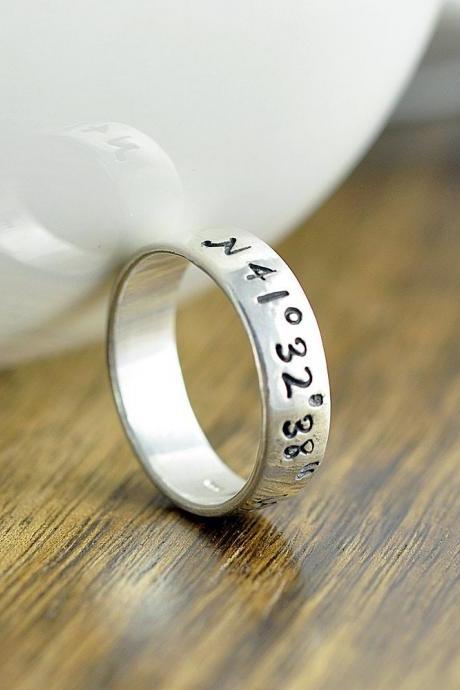 Coordinate Ring, Latitude Longitude Ring, Custom Coordinates, Coordinate Jewelry, Hand Stamped Ring, Sterling Silver Ring