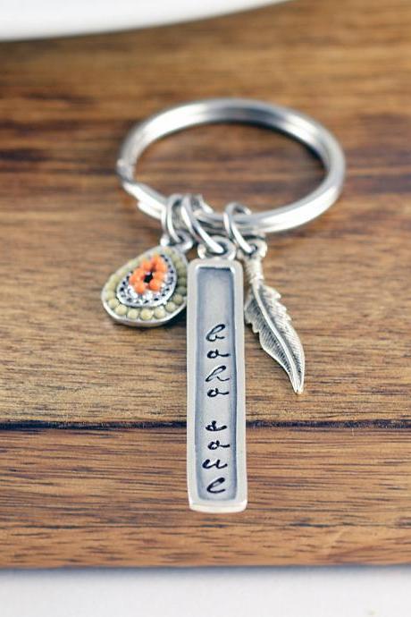 Boho Keychain, Personalized Gift, Boho Jewelry, Bohemian Jewelry, Feather Keychain ,bohemian Keyring, Feather Gift, Gift For Her