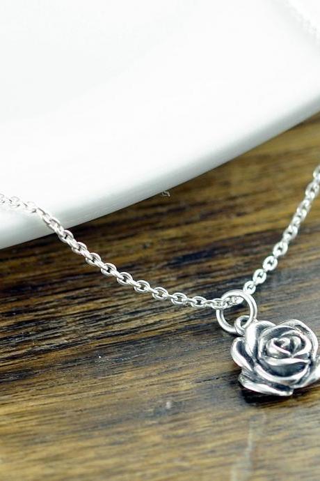 Sterling Silver Rose Necklace - Rose Flower Necklace - Sterling Silver Rose Charm - Flower Jewelry - Dainty Silver Necklace