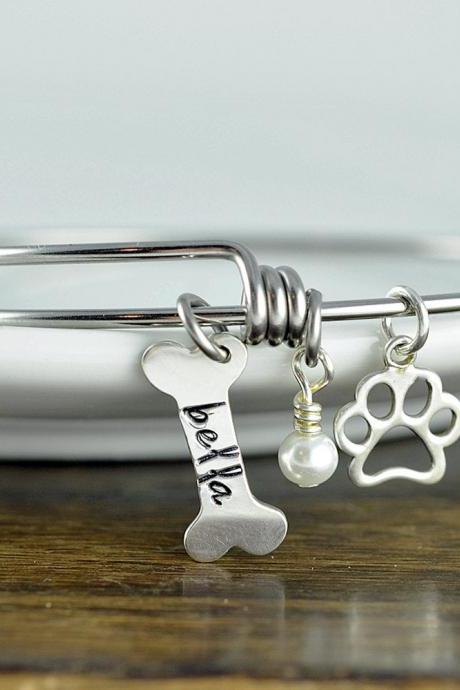 Silver Dog Bone Bracelet - Personalized Dog Bracelet - Dog Paw Bracelet - Dog Lover Jewelry - Paw Print - Pet Memorial - Dog Bone Charm