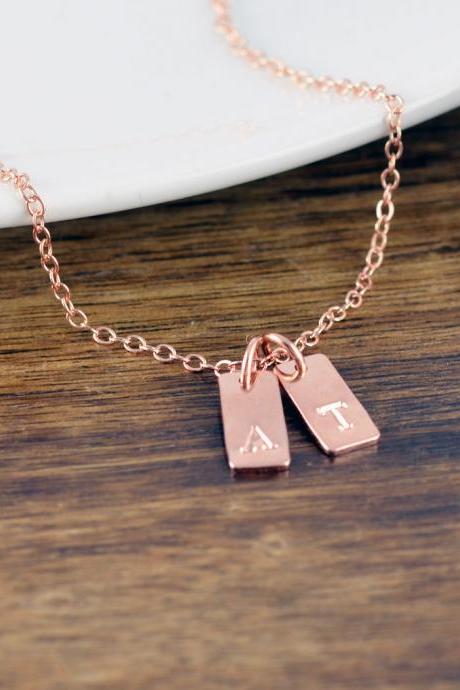 Rose Gold Tag Necklace - Initial Charm Necklace - Personalized Tag Necklace - Hand Stamped Jewelry - Personalized Hand Stamped Necklace
