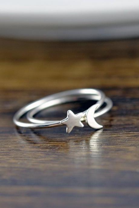 Sterling Silver Moon and Star Ring Set - Crescent Moon Ring, Silver Moon Ring, Silver Star Ring, Stacking Rings, Celestial Jewelry