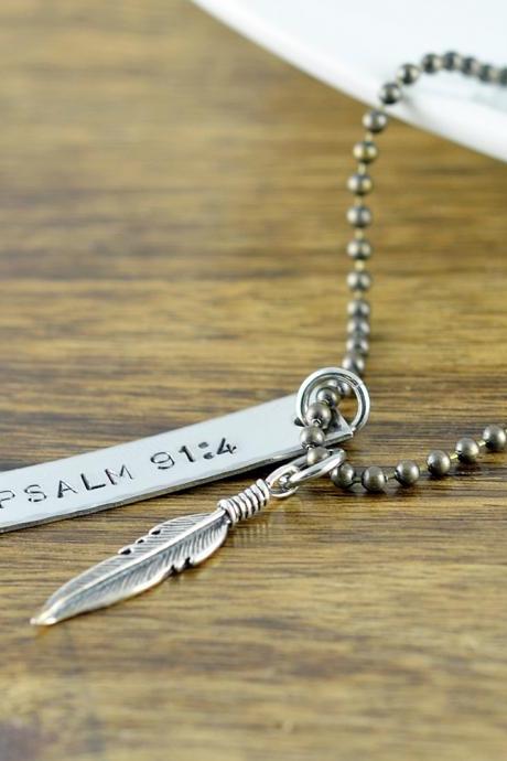 Gift For Men, Mens Hand Stamped Gift, Personalized Necklace, Psalm 91, Feather Necklace, Hand Stamped Jewelry, Boyfriend Gift
