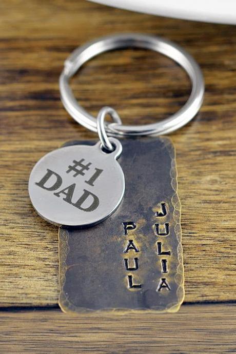 Hand Stamped Keychain, #1 Dad Keychain, Mens Personalized Father's Day Gift, Custom Keychain, Kids Names, Present for Dad, Engraved Keychain