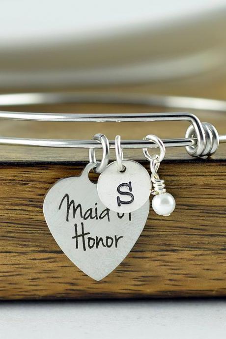 Maid Of Honor Bracelet, Maid Of Honor Gift, Custom Maid Of Honor Jewelry, Matron Of Honor Gift, Personalized Bangle, Charm Bracelet