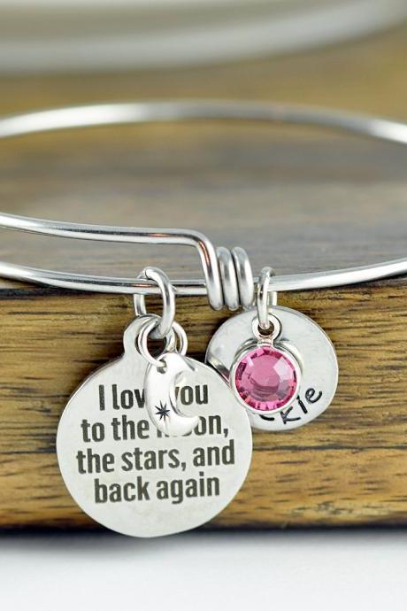 I Love You To The Moon And Back - Personalized Bangle Bracelet - Mothers Jewelry - Mothers Day Gift - Grandmother Gift - Mothers Bracelet