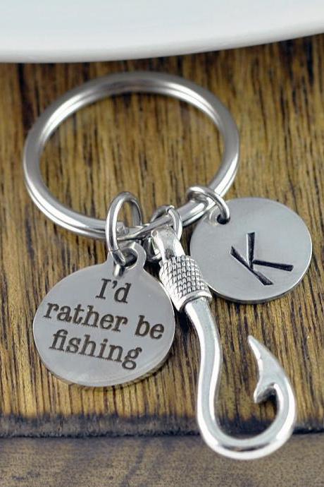 Engraved Keychain - I&amp;#039;d Rather Be Fishing - Fathers Day Fishing - Fishing Keychain - Fish Hooks - Fisherman Gift - Personalized