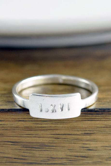 Name Ring, Sterling Silver Ring, Roman Numeral Ring, Personalized Ring, Hand Stamped Tab Ring, Silver Stacking Rings, Gift for Her