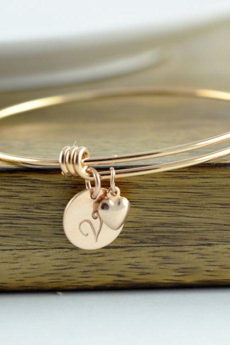 Rose Gold Heart Bracelet -Personalized Initial Bracelet - Personalized Hand Stamped Bracelet - Bridesmaid Gift- Rose Gold Jewelry