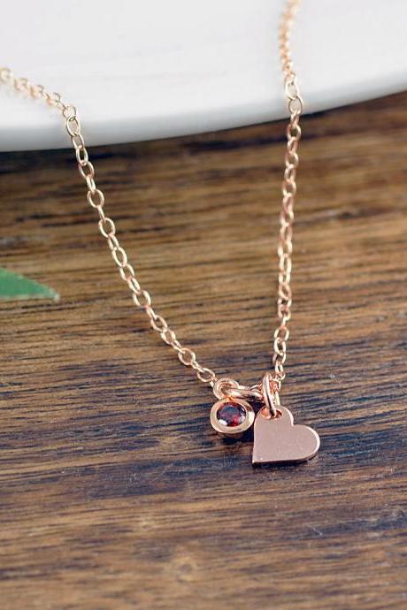 Tiny Rose Gold Necklace, Rose Gold Jewelry, Heart Necklace, Love Necklace, Charm Necklace, Birthstone Necklace, Bridesmaid Gift