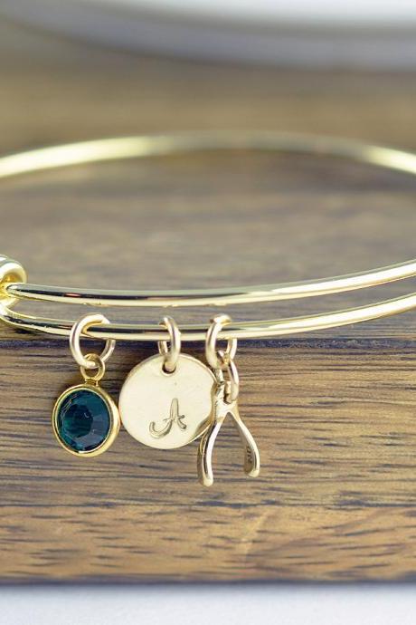 Gold Initial Bracelet - Hand Stamped Jewelry - Luck Bracelet - Wish Bone Bracelet - Engraved Bracelet - Wishbone Bracelet - Birthstone