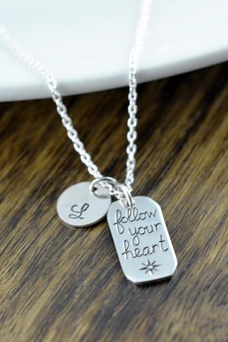 Personalized Silver Follow Your Heart Necklace - Follow Your Heart Necklace, Follow Your Heart Charm, Inspirational Romantic Jewelry