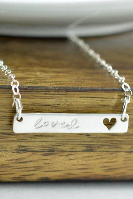 Heart Bar Necklace, Bar Necklace, Valentine's Day Necklace - You are Loved - Gift For Wife - Love Necklace - Silver Heart Necklace