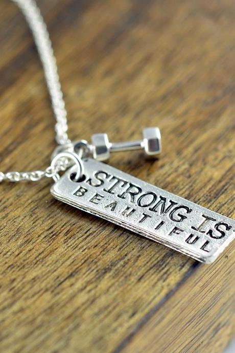 Personalized Fitness Necklace - Strong Is Beautiful Necklace - Fitness, Cross Fit, Silver Necklace - Fitness Gifts , Fitness Jewelry