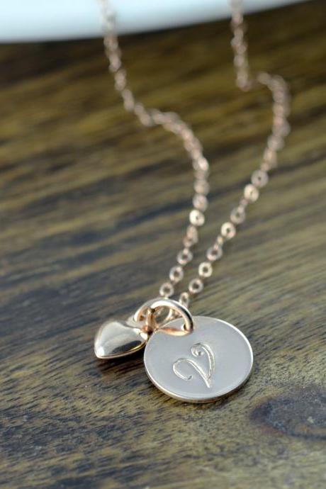Rose Gold Heart Necklace -Personalized Initial Necklace - Personalized Hand Stamped Necklace - Valentines Day Gift - Rose Gold Jewelry