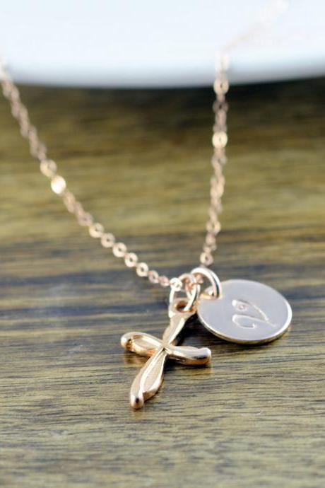 Rose Gold Cross Necklace -Personalized Initial Necklace, Personalized Hand Stamped Necklace, Rose Gold Jewelry, Cross Necklace, Gift for Her