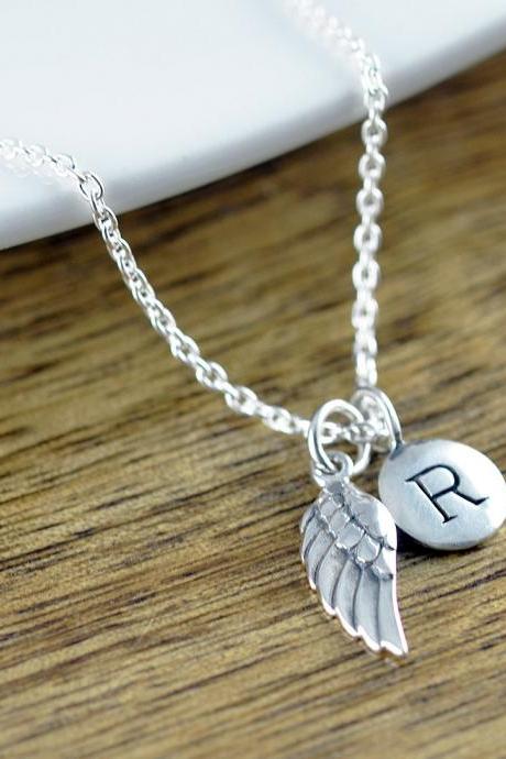 Personalized Silver Wing Necklace - Remembrance Jewelry - Guardian Angel Wing Necklace - Initial Necklace - Infant Loss Necklace