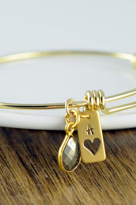 Gold Heart Bracelet - Heart Charm Bracelet - Heart Bracelet - Gemstone Bracelet - Hand Stamped Bracelet - Gift for Her - Gift for Wife