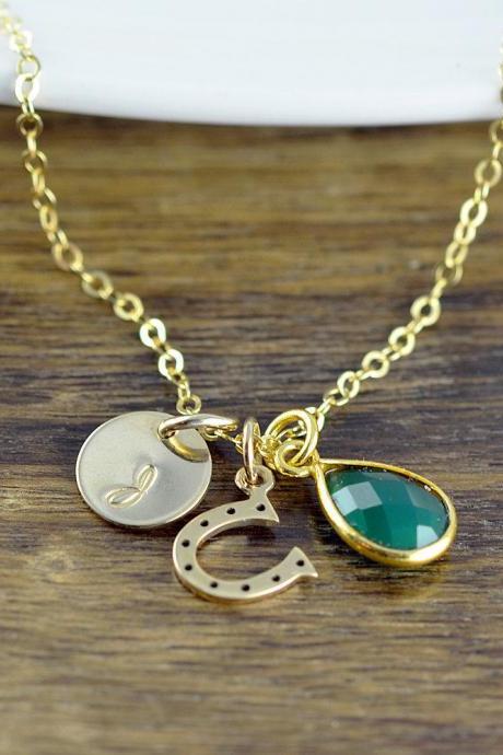 Hand Stamped Gold Initial Necklace, Emerald Necklace, Gold Horse Shoe Charm Necklace, Horse Lover Necklace, Equestrian, Horseshoe Jewelry
